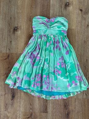 Bracewell Silk Chiffon Strapless Mint Green Floral Mini Dress Size: 2|Vacation